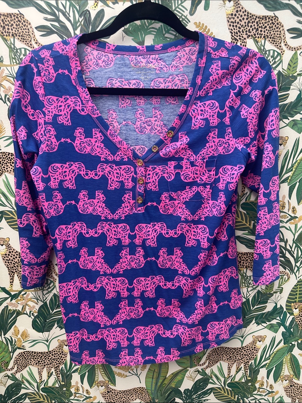Lilly Pulitzer Pink & Blue Elephant Print Henley Top S